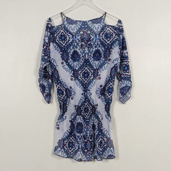 Becca by Rebecca Virtue Blue White Sheer Lotus Flower Swimsuit Coverup Medium - Picture 7 of 7